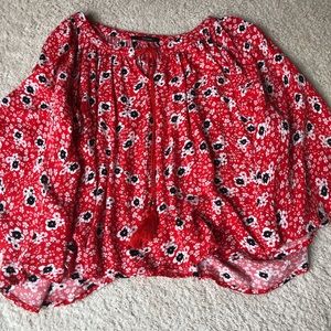 Bell sleeve tunic, red with black floral. Tie neckline, boho chic or vacation